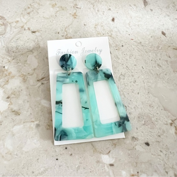 Aqua and Black Rectangular Earrings - Picture 1 of 5